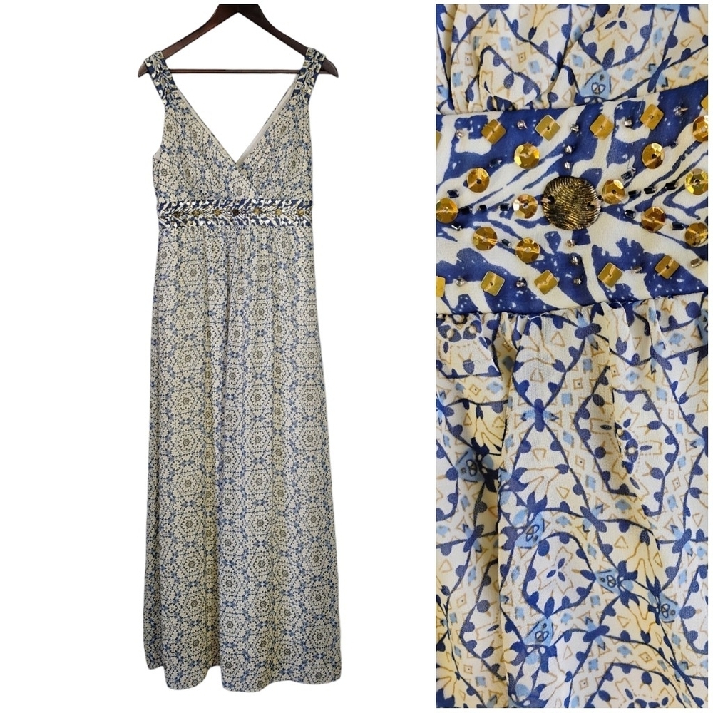 Signature By Robbie Bee Maxi Dress Womens 8 Blue White Bohemian Grecian Beaded